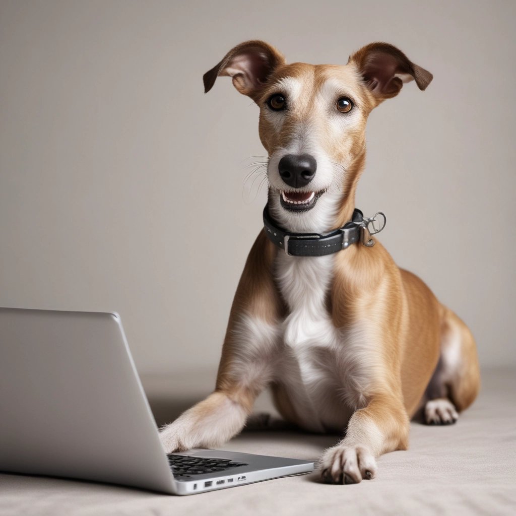 happy dog searching on laptop