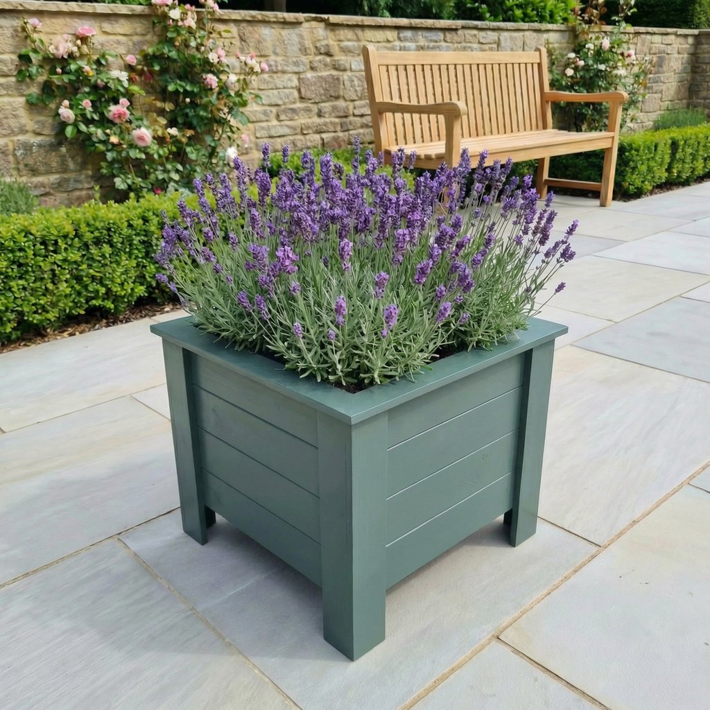 handmade planter on legs aston made from wood quality plant box painted in farrow and ball green smoke colour garden decor