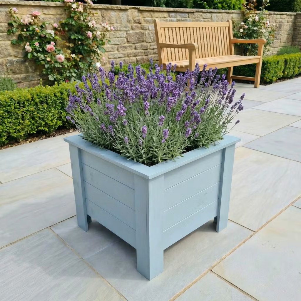 handmade planter on legs aston made from wood quality plant box painted in farrow and ball ovel blue colour garden decor