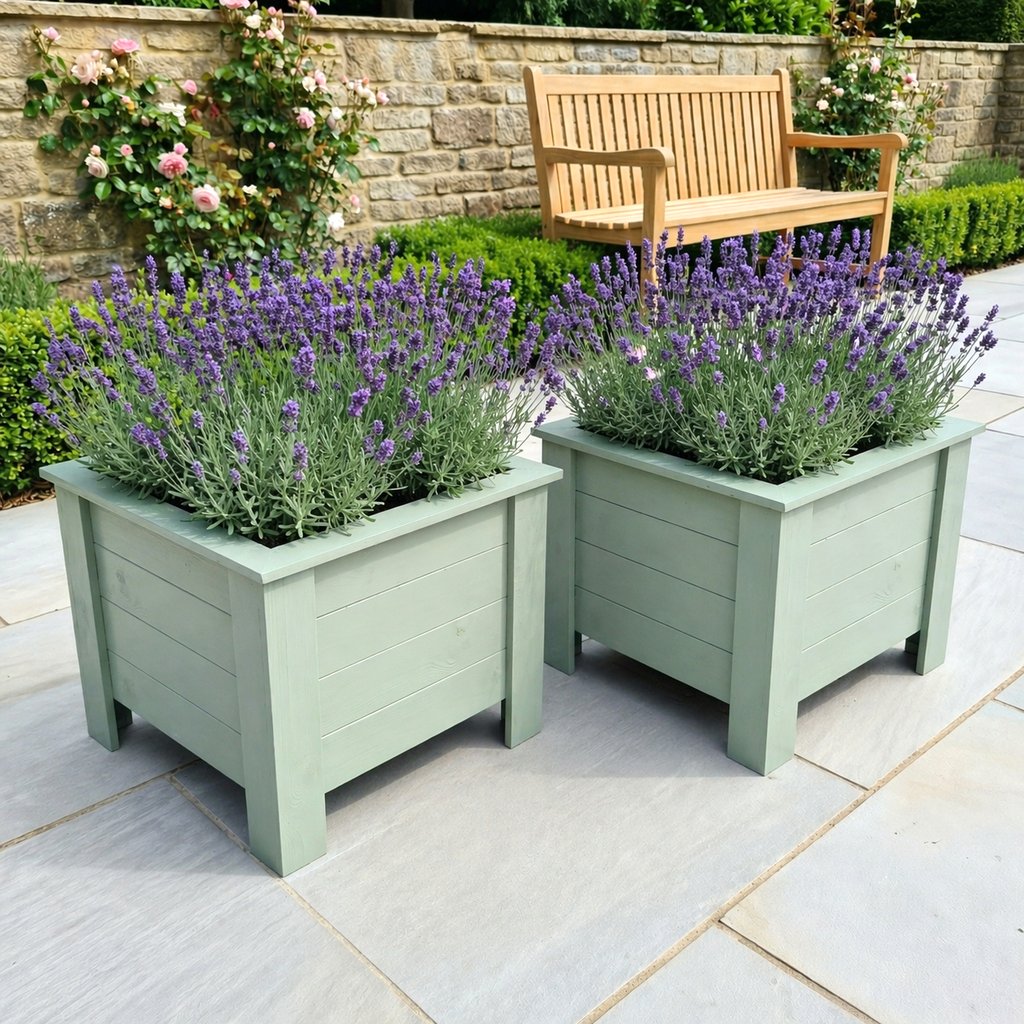 Large flower plant box wooden square planter on legs painted in white made from wood handmade in UK outdoor pot garden patio 