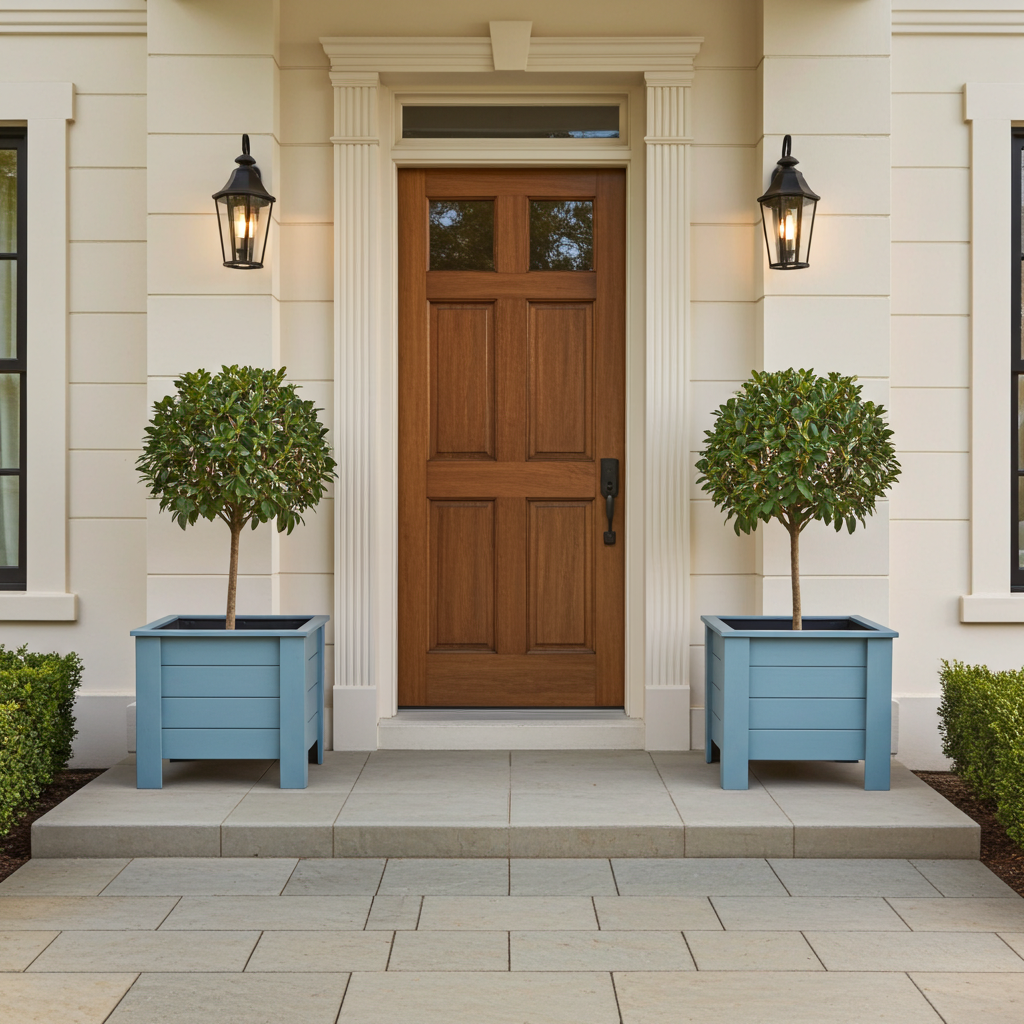 elegant wooden planter painted in grey blue with patio tree made from wood plant box on legs