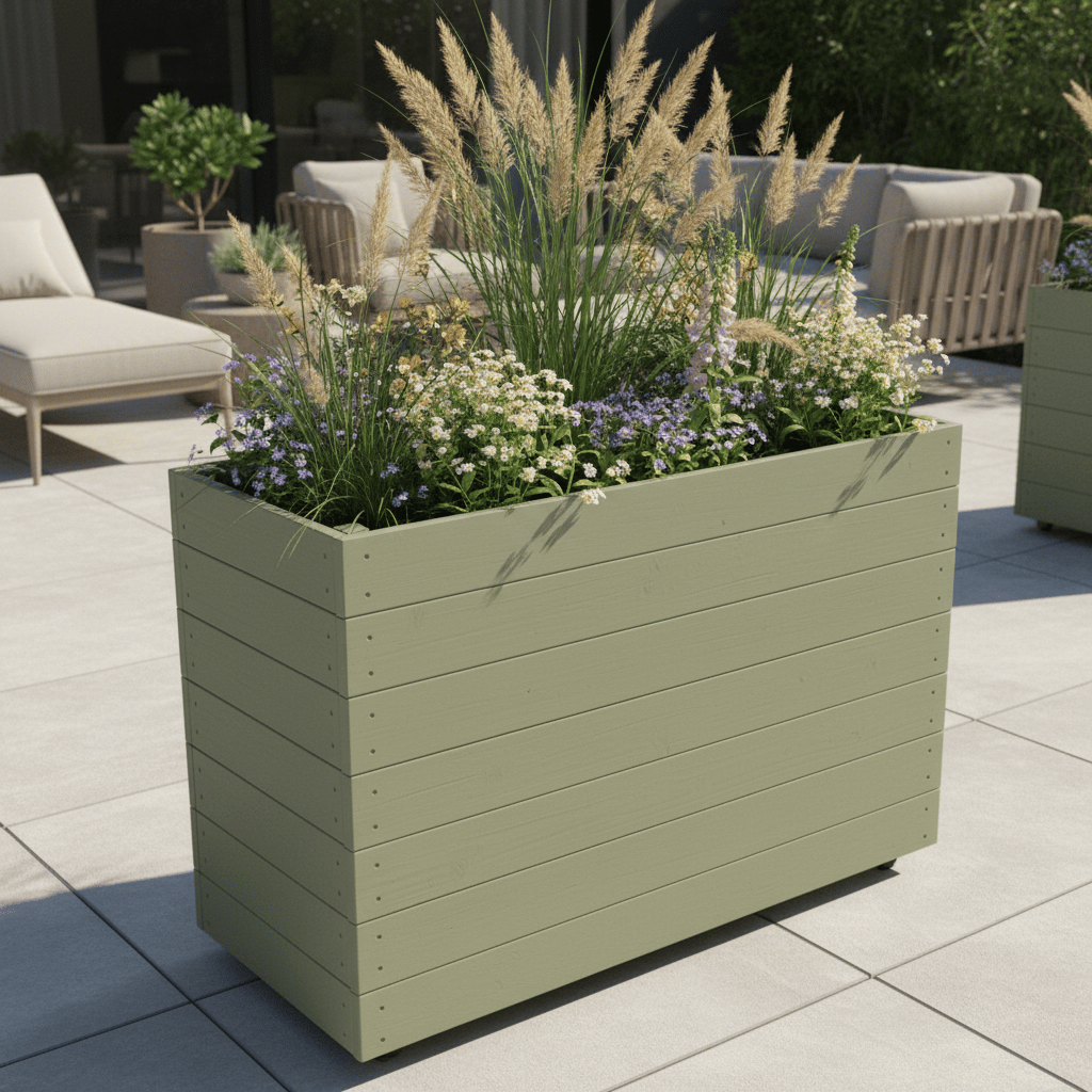 restaurant planter on wheels shallow bottom WOODEN OUTDOOR PLANTER GARDEN SOLID WOOD HANDMADE UK LONDON THROUGH tall large