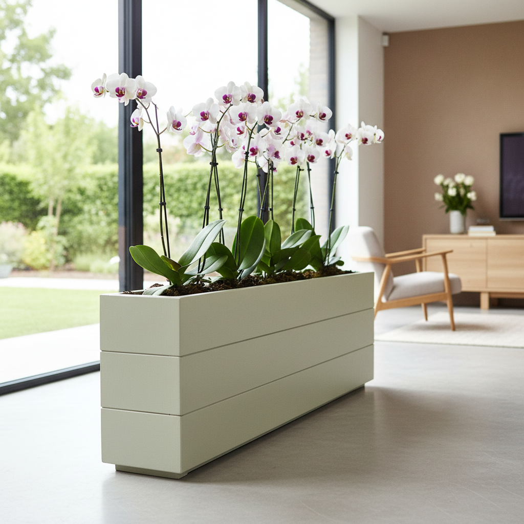 elegant indoor wooden planter painted in grey blue with patio tree made from wood 