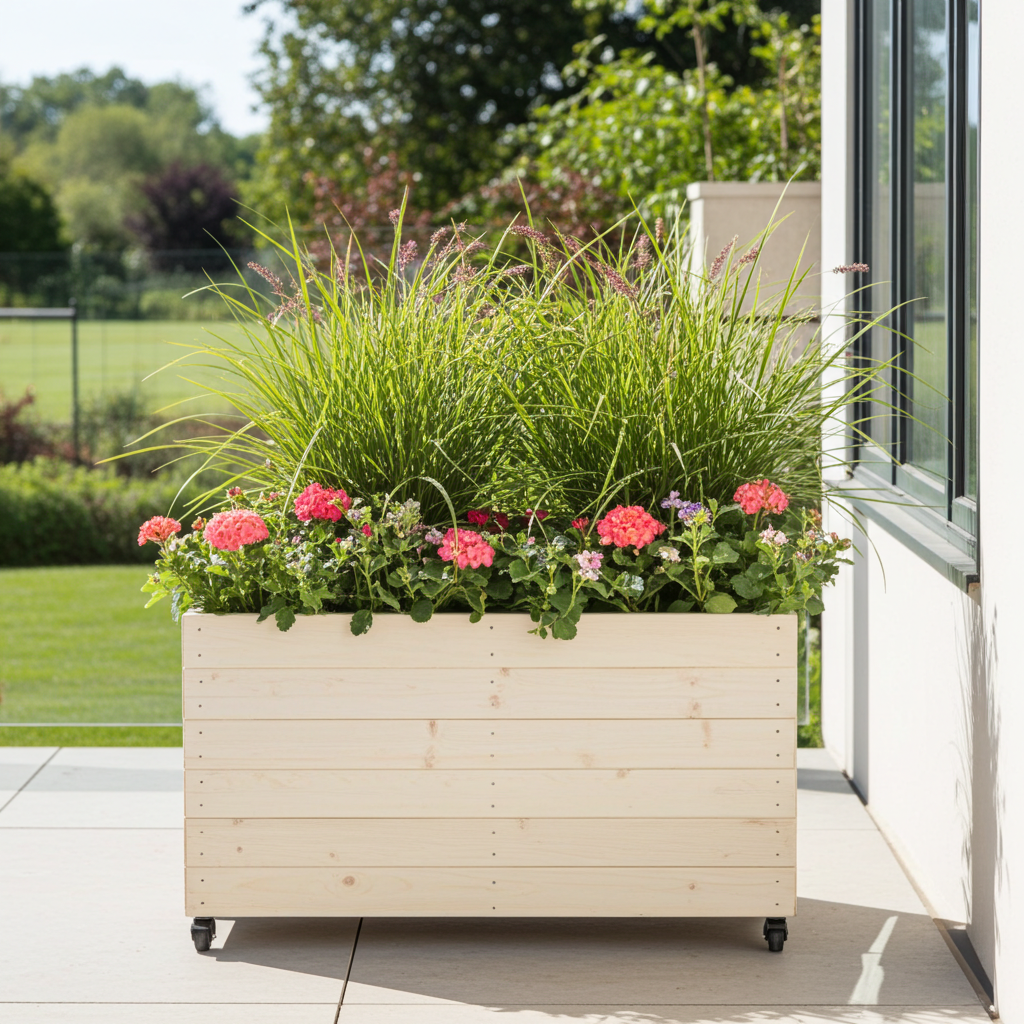 large wooden planter on wheels custom made flower box with castors wooden trough handmade in uk screening patio garden 