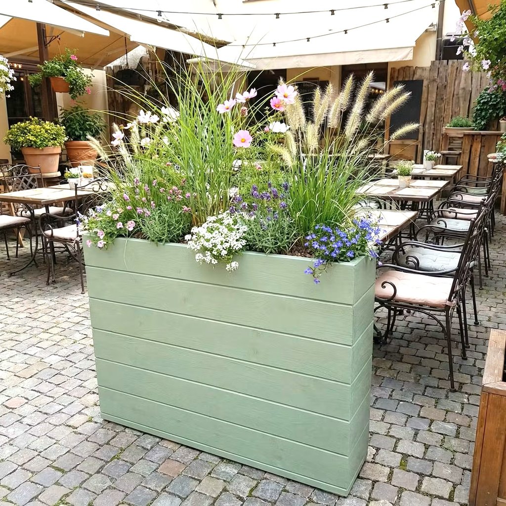 tall restaurant planter on wheels shallow bottom WOODEN OUTDOOR PLANTER GARDEN SOLID WOOD HANDMADE UK LONDON THROUGH