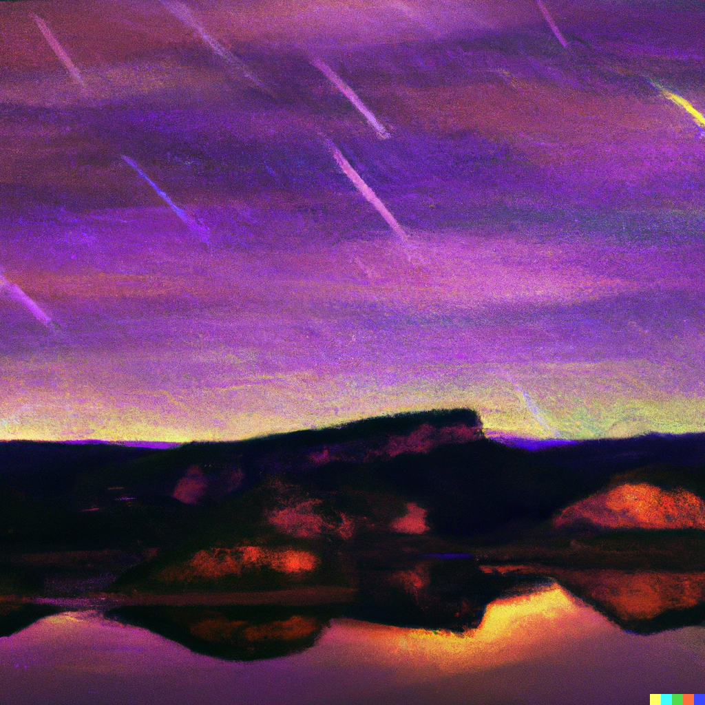 a purple sky with stars and a mountain in the background