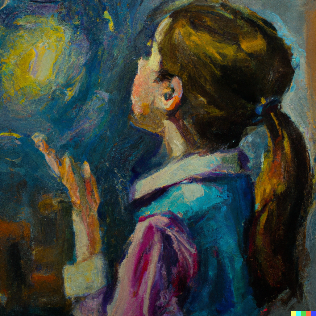 a painting of a girl looking at a moon
