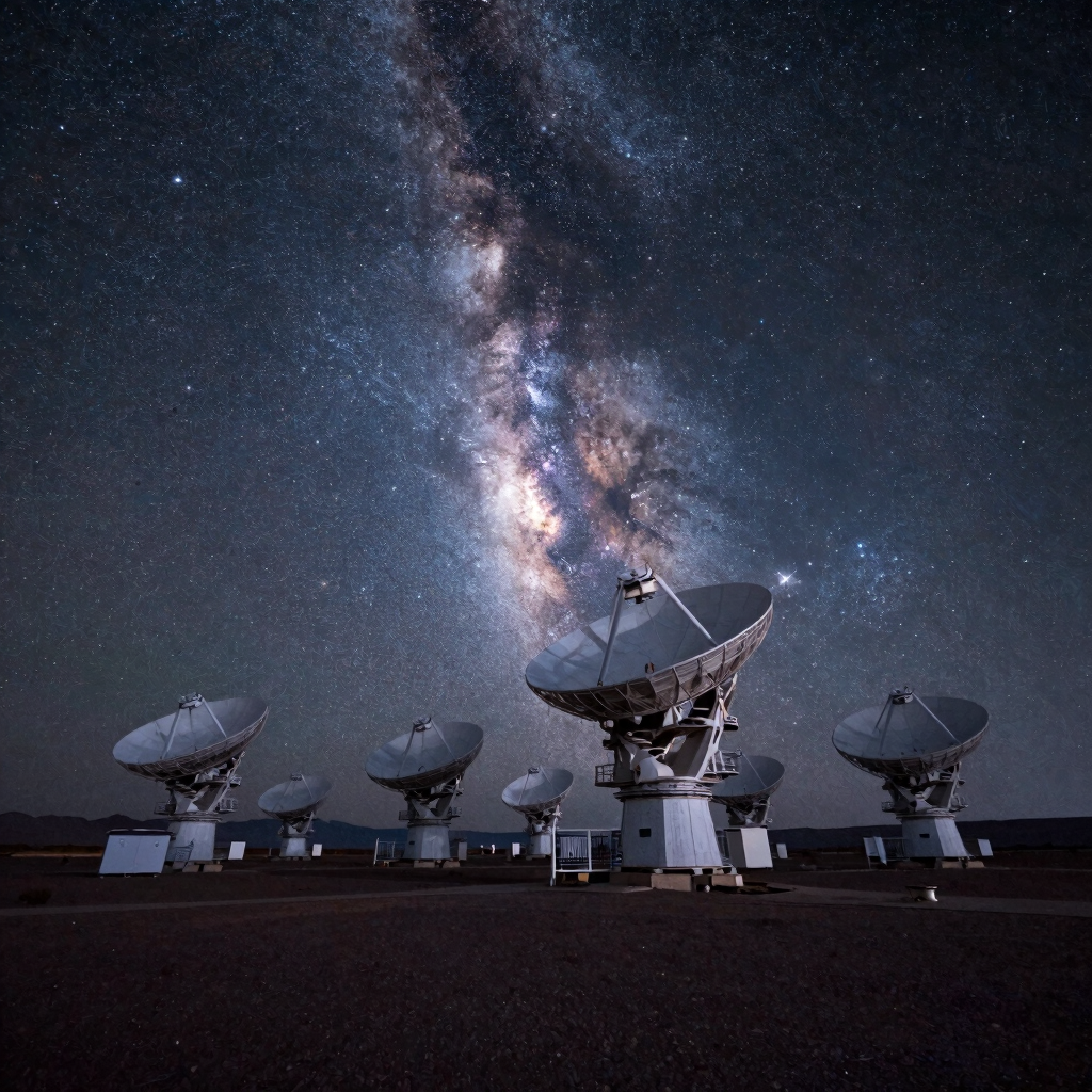 Radio telescope array under a clear night sky with the bright Milky Way galaxy overhead.
