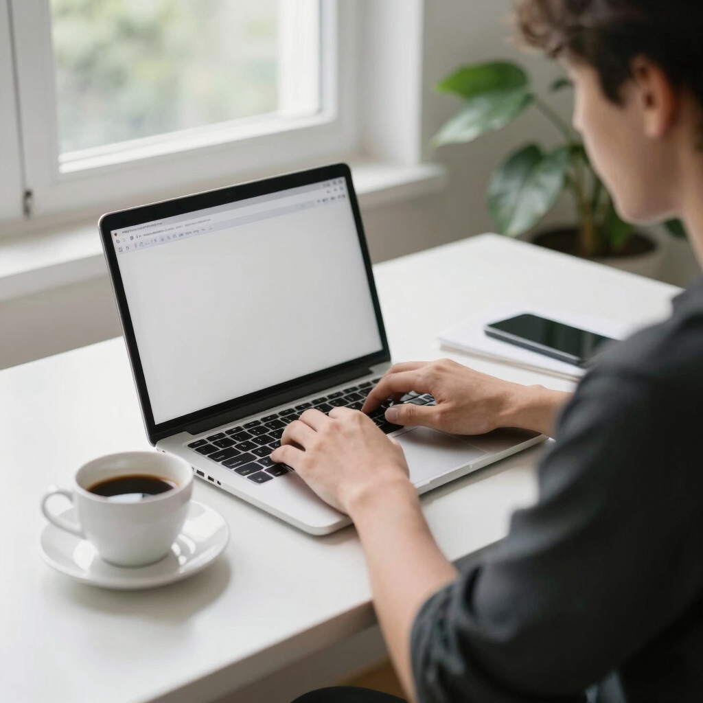 Over-the-shoulder shot of a clean modern workspace, hands typing on a sleek laptop, bright natural daylight, soft shadows, minimalist aesthetic