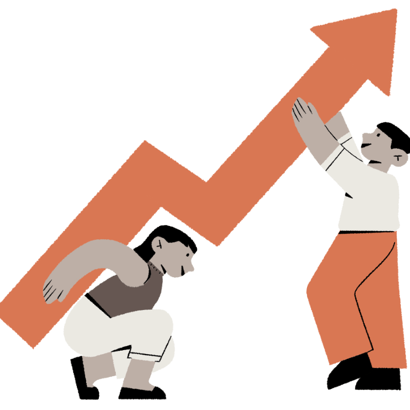 a man is holding a large arrow pointing up to a downward arrow