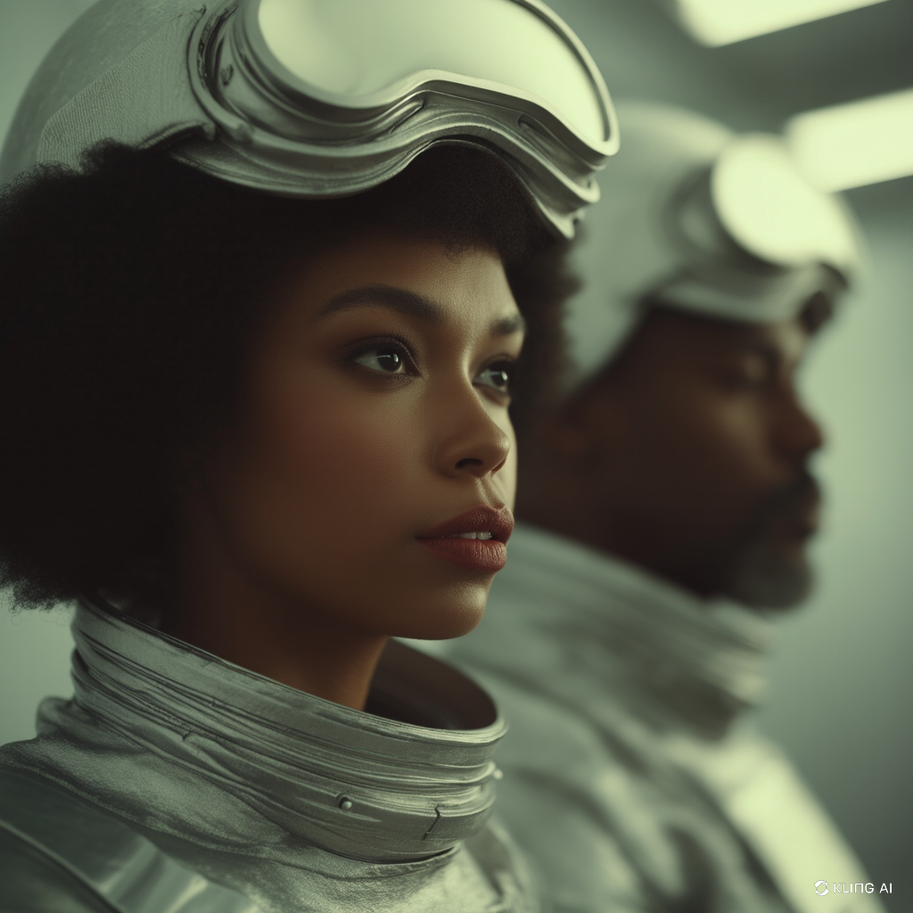 a black man and black woman in space suits and goggles
