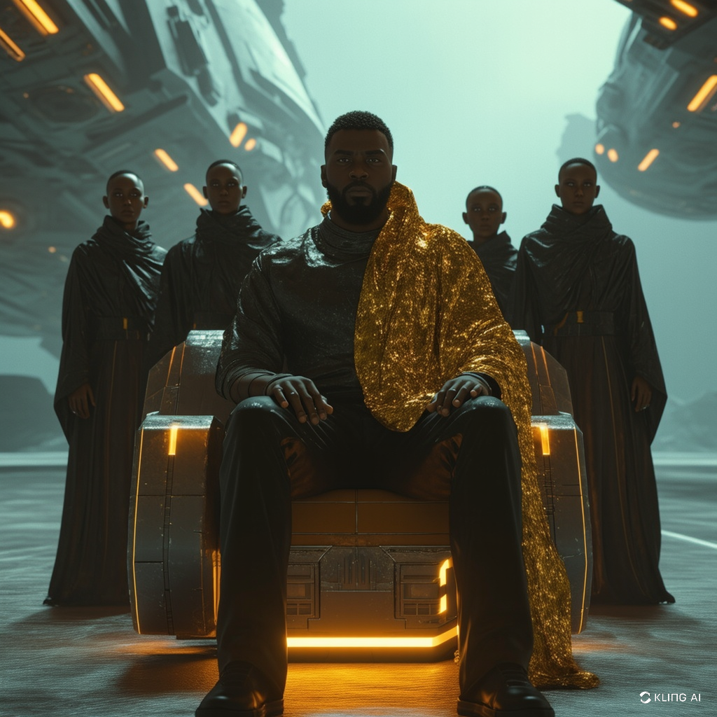 Afrofuturism image of a Black King surrounded by black women