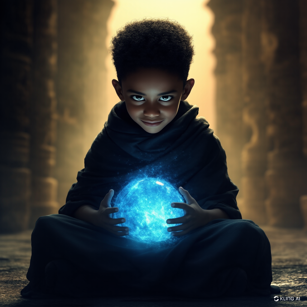 a young boy holding a glowing orb ball