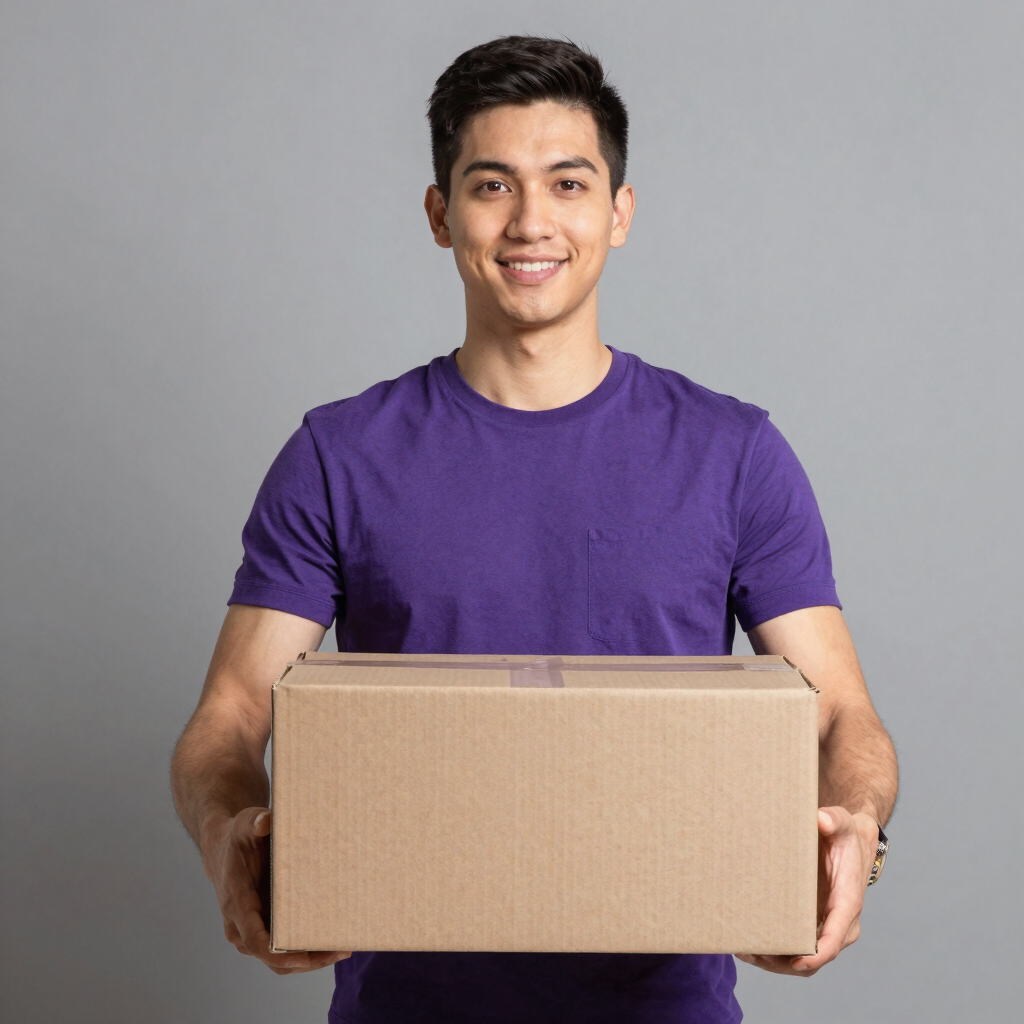 a man holding a box change the shirt to purple with no logo