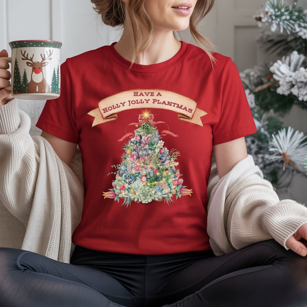 Red tee with succulent Christmas tree and “Holly Jolly Plantmas” — festive plant lover shirt by Miss Chatty Plants