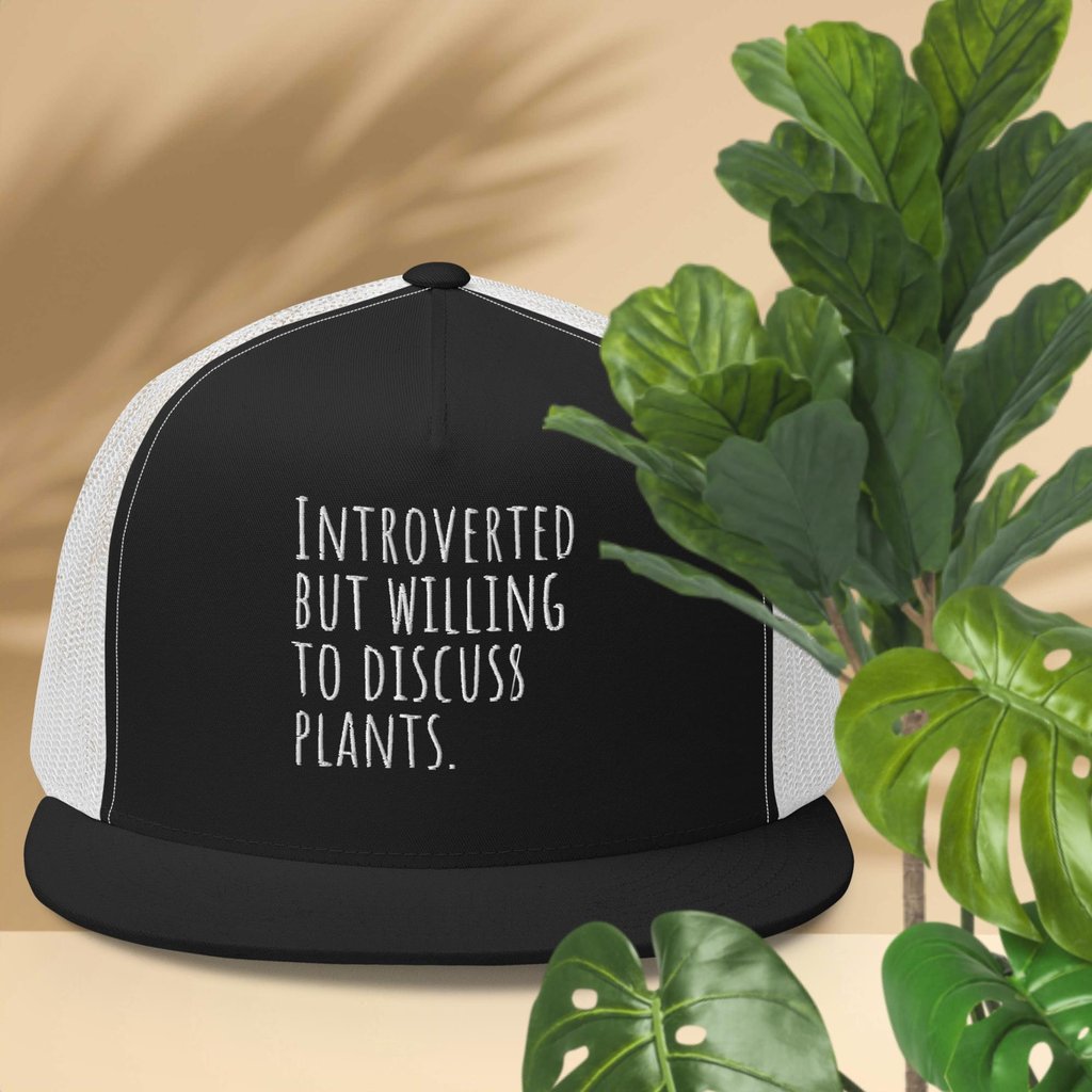 Black and white trucker hat with “Introverted but willing to discuss plants” text — Miss Chatty Plants.