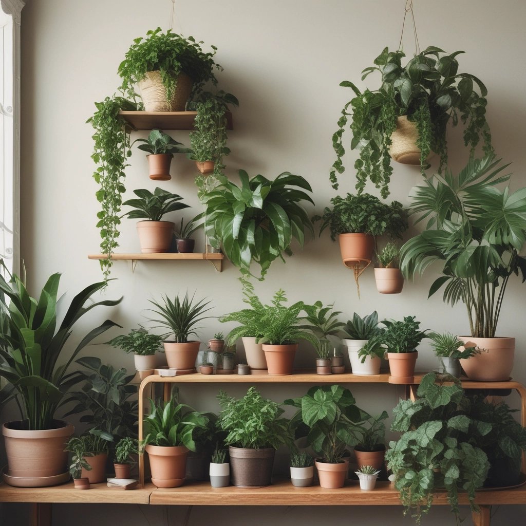 Room filled with assorted houseplants arranged on wooden shelves and hanging planters.