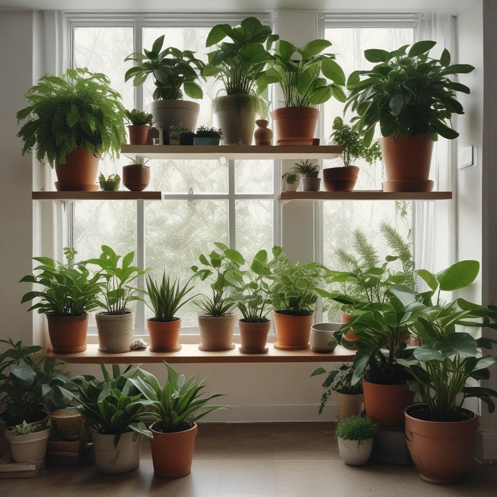 Indoor shelves filled with lush tropical houseplants in terracotta pots near a bright window.