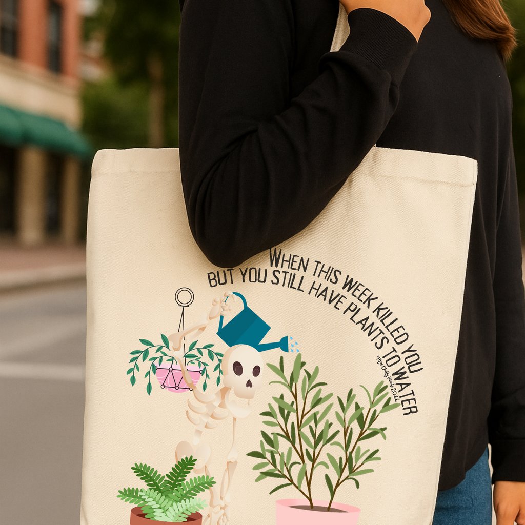 Eco-friendly plant-themed tote bag with illustrated plants and watering can artwork — Miss Chatty Plants accessories.
