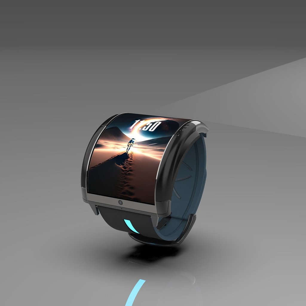Futuristic 3D smartwatch design by Cavity Studios featuring curved digital display.
