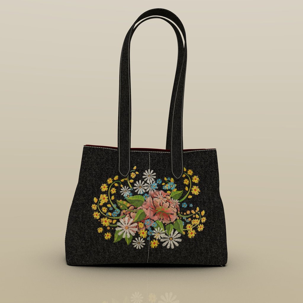 3D-rendered embroidered fashion bag design by Cavity Studios with artistic detailing