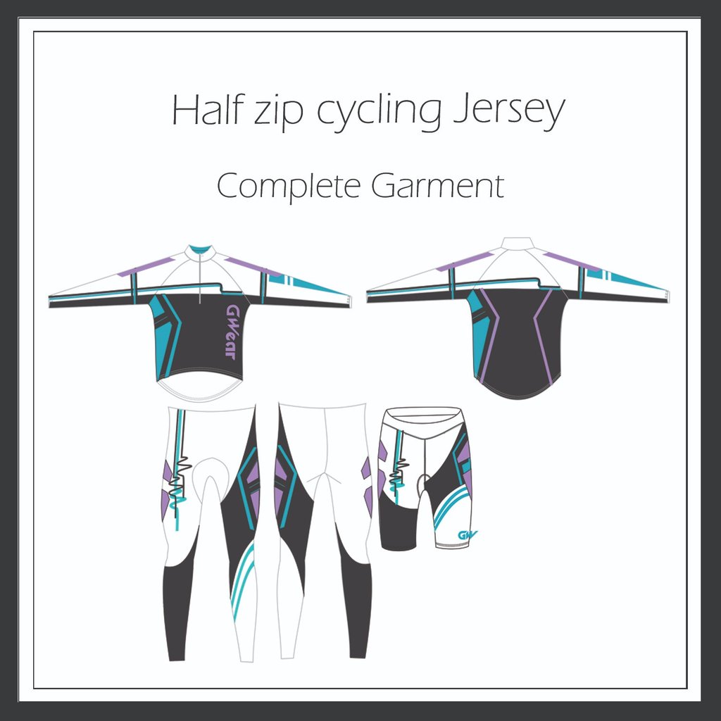 Technical specification sheet front view of cycling jersey design by Cavity Studios.