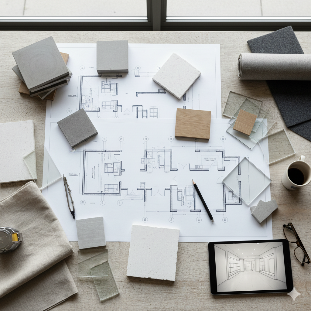 Retail store blueprints by Cavity Studios detailing layout, lighting, and fixture design .