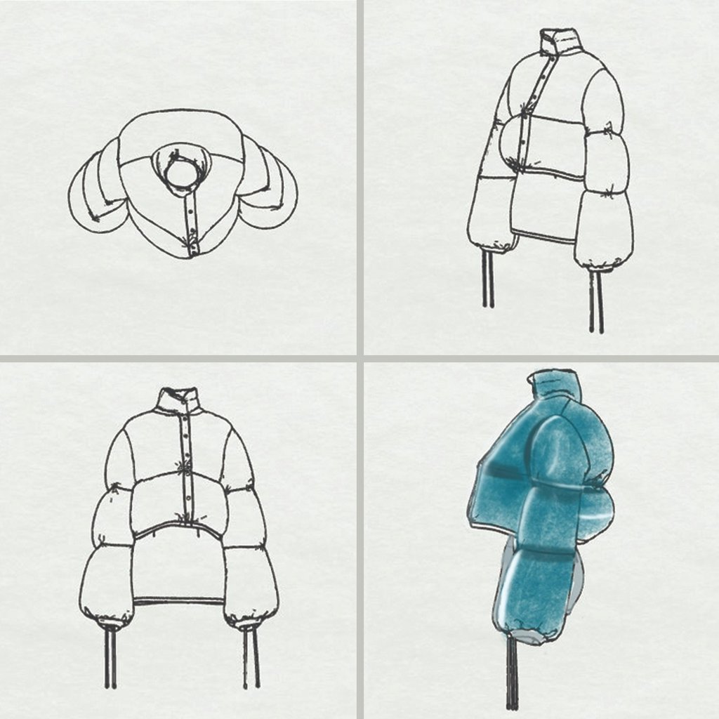 2D design views and render of futuristic puffer jacket by Cavity Studios fashion design team.