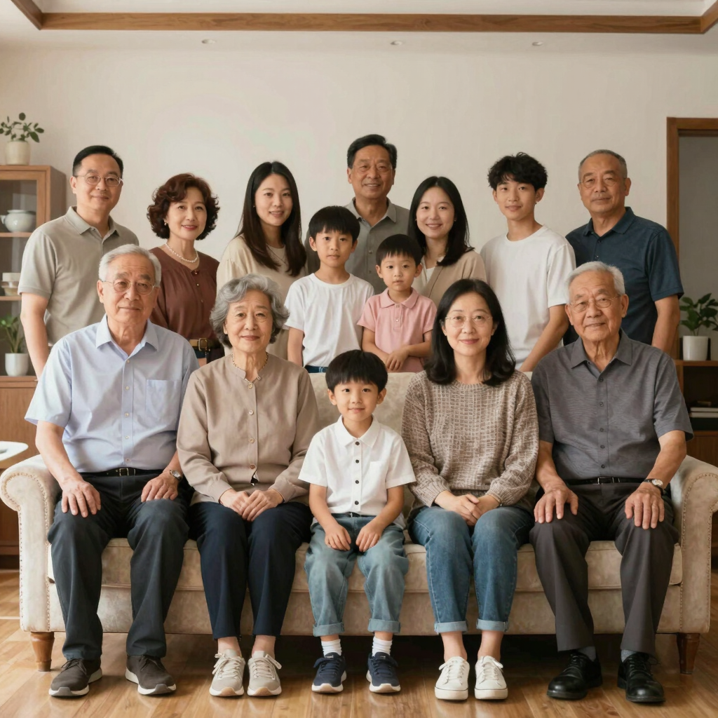 A multi-generational family posing on a swing by-the-sea swing.