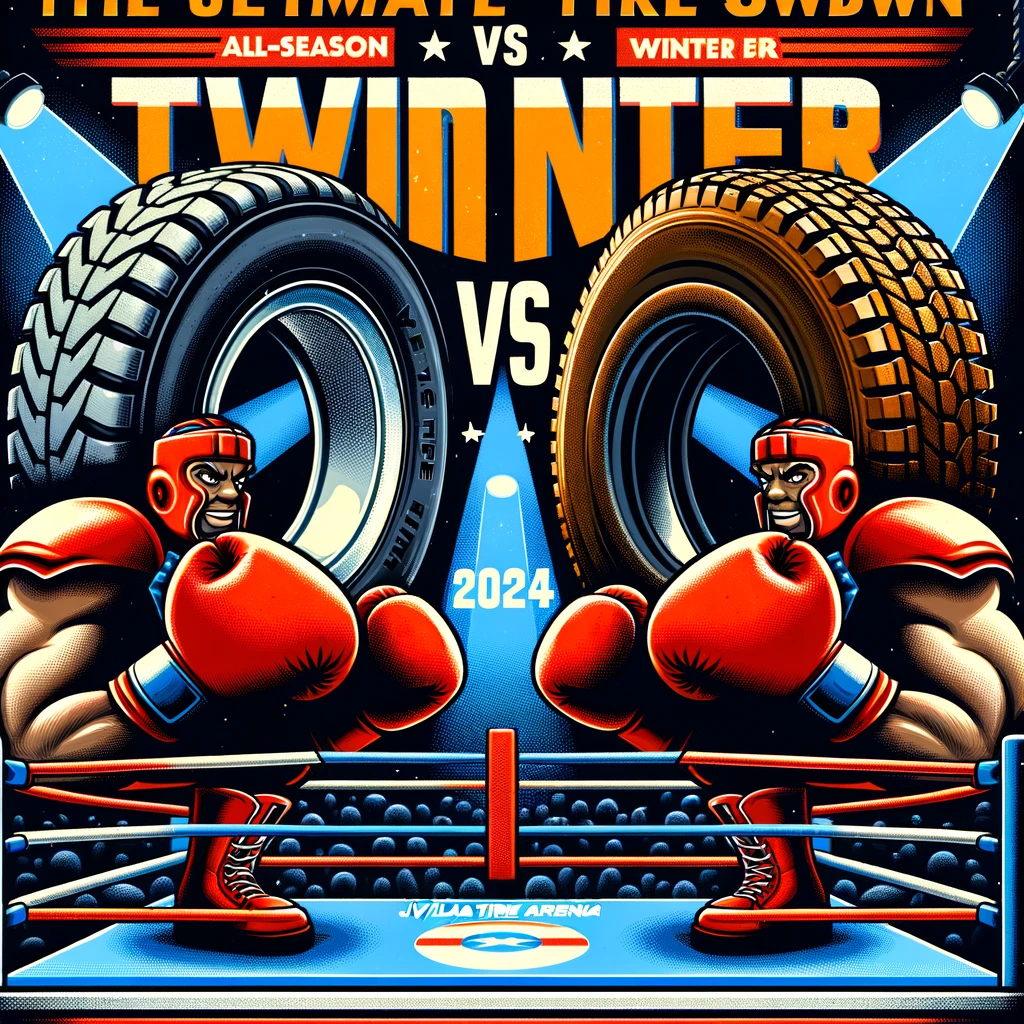 Comparación entre neumáticos de todo tiempo e invierno y dos luchadores representando a cada tipo