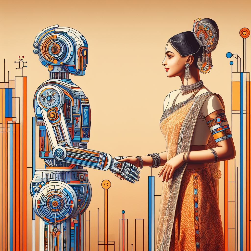 Robot shaking hands with a woman