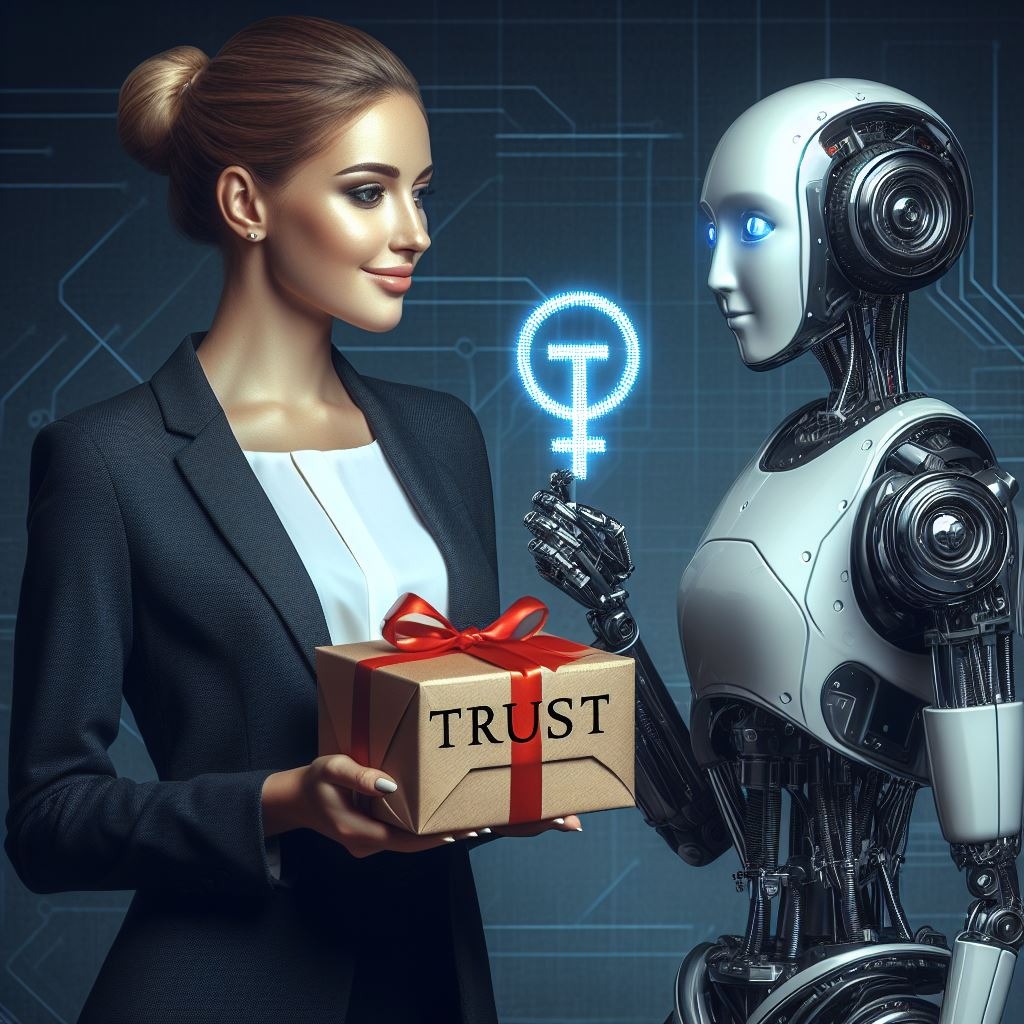a woman giving a gift box marked "trust" to a robot