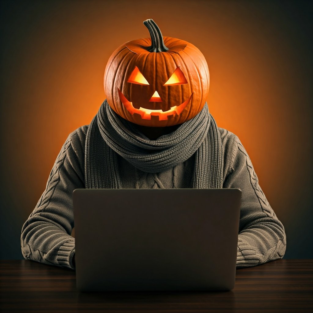 Man with a halloween pumpkin for a head writing computer software