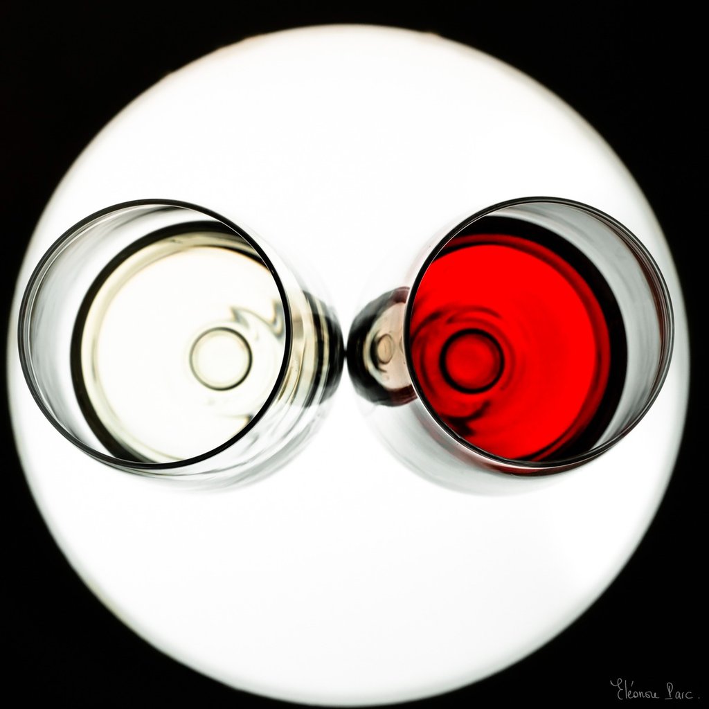 Un verre de vin blanc et un verre de vin rouge vus de dessus rétroéclairés