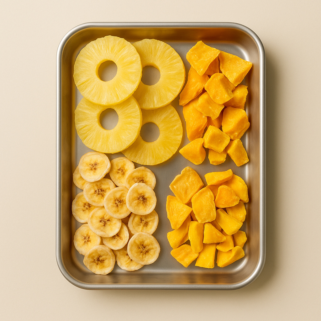 Dehydrated mango, banana, and pineapple on export tray – Royal Market