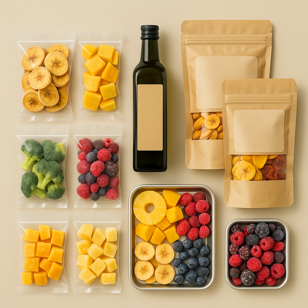 Private-label food products – dried fruits, IQF produce, and avocado oil in generic packaging – Roya