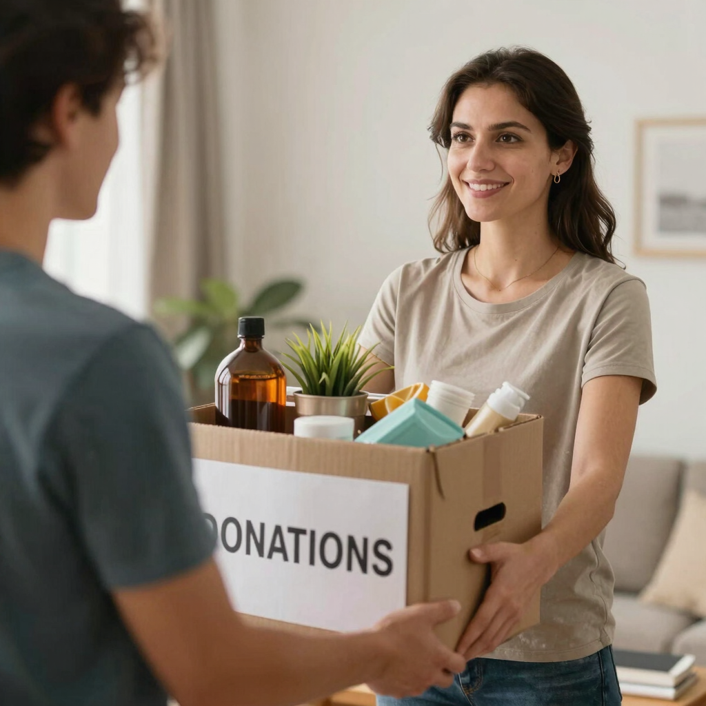 A happy family waving goodbye to donated items, feeling lighter and refreshed.