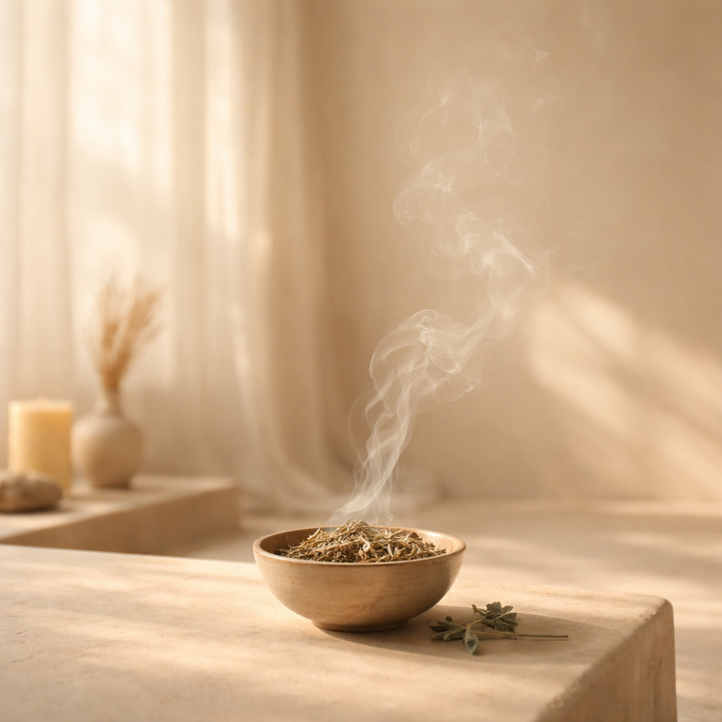 Limpieza del campo energético, vela y humo suave en tonos beige