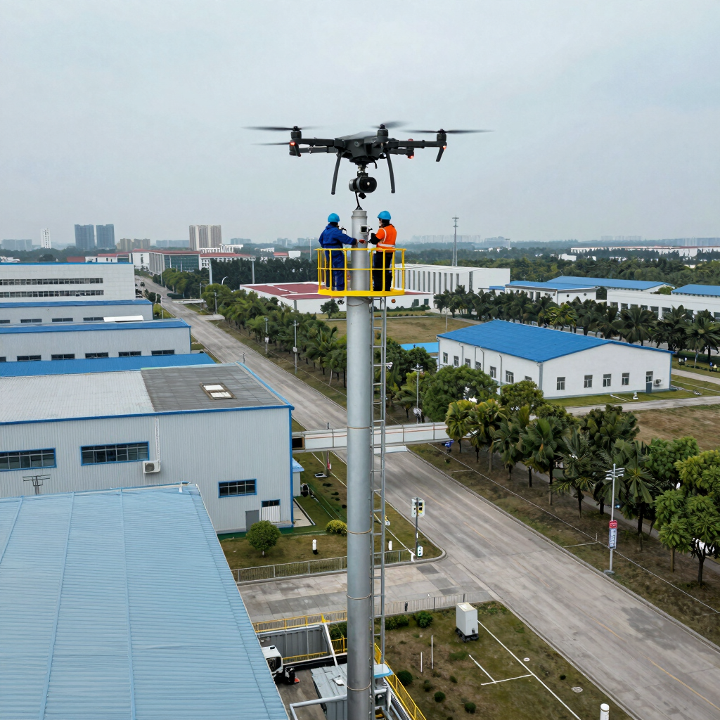 Dron w czasie inspekcji nad wieżą techniczną z dwoma pracownikami