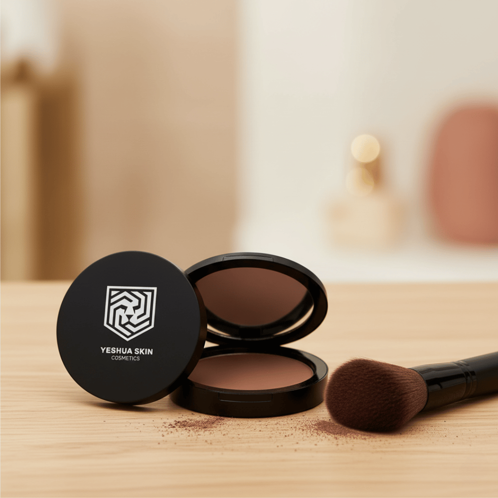 A compact powder from YESHUA Skin Cosmetics with a makeup brush on a wooden table.