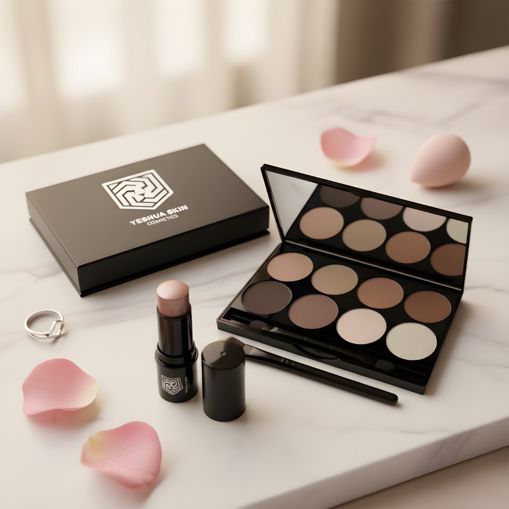 a contour and highlight palette with highlighter stick on a marble table