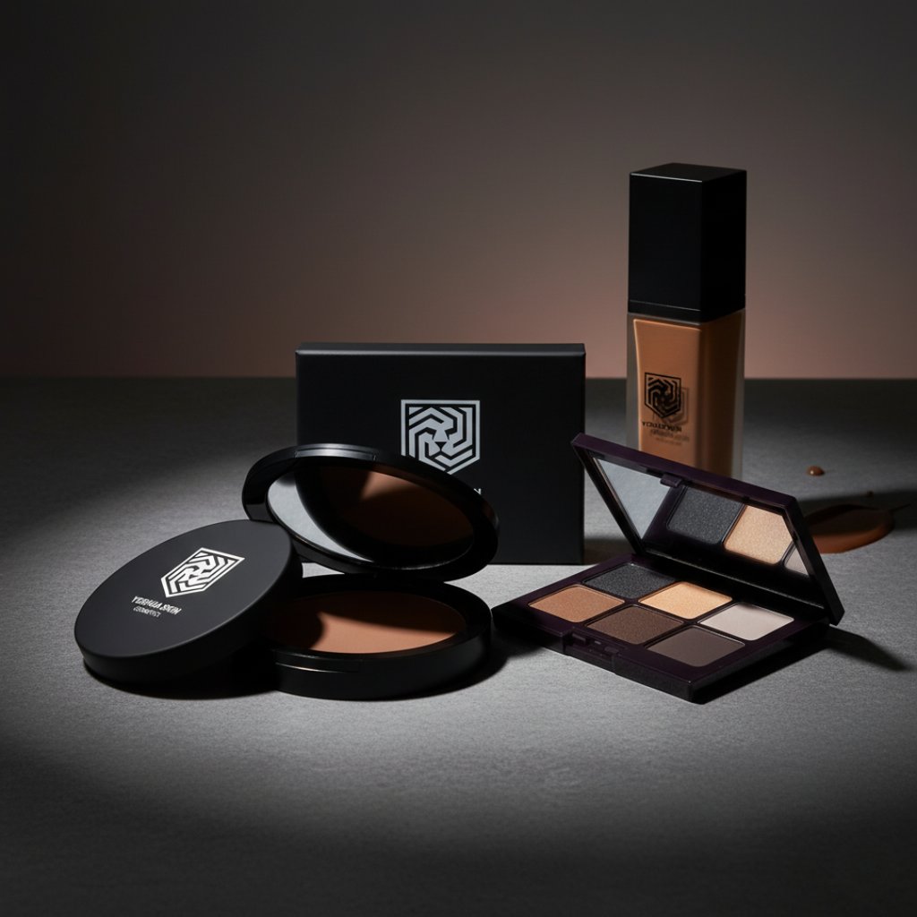 a variety of YESHUA Skin Cosmetics products displayed elegantly in front of a moody background.