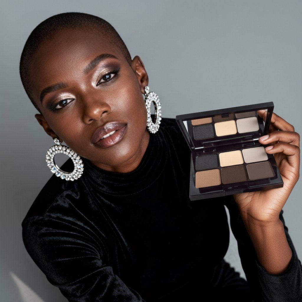 Woman wearing a velvet dress and silver earrings holding a smoky gray eyeshadow palette