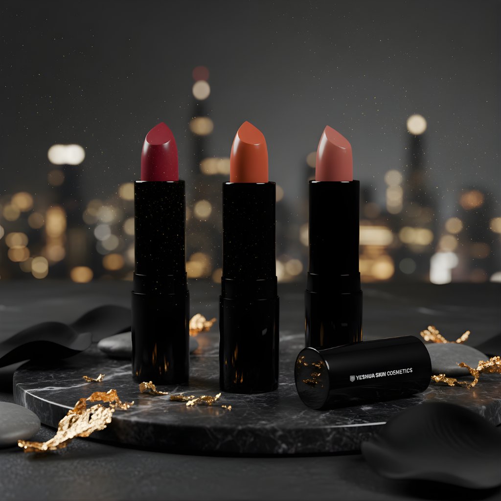 Three lipsticks shot against a dazzling cityscape.