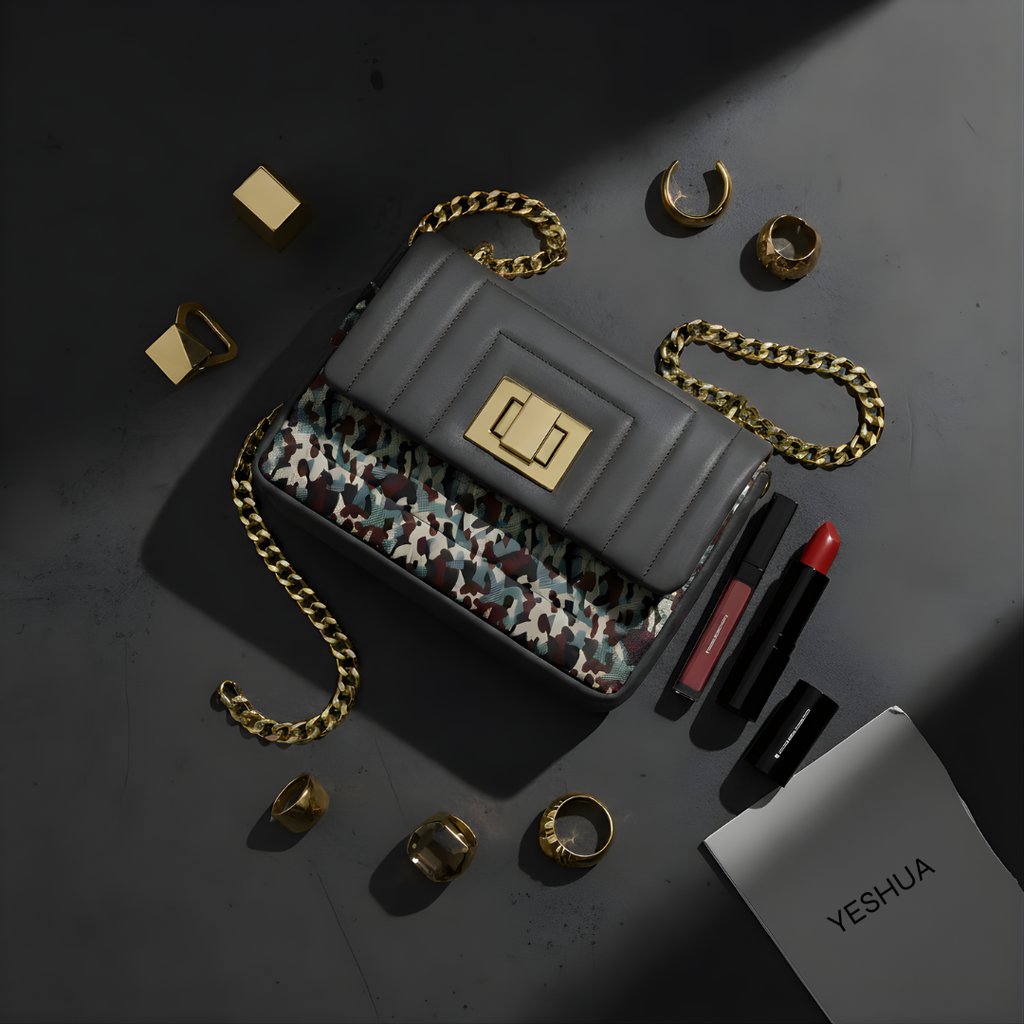 A women's purse with a gold chain strap alongside jewelry and cosmetics.