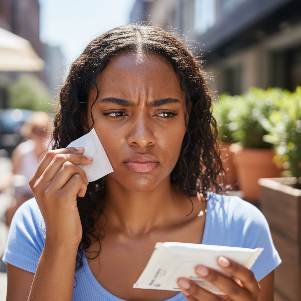 a woman on a warm sunny day blotting her oily skin in  frustration