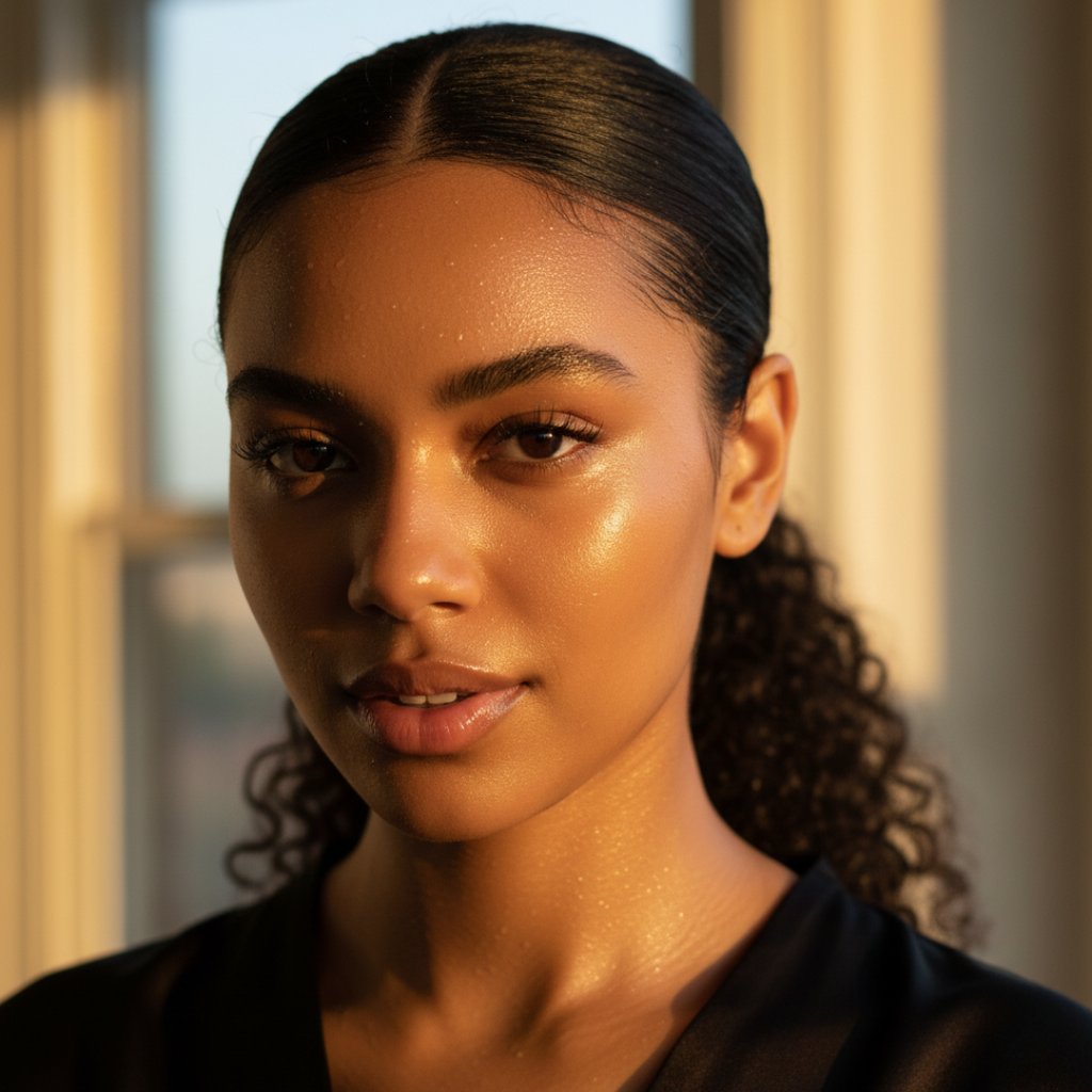 a woman with curly hair and healthy radiant skin