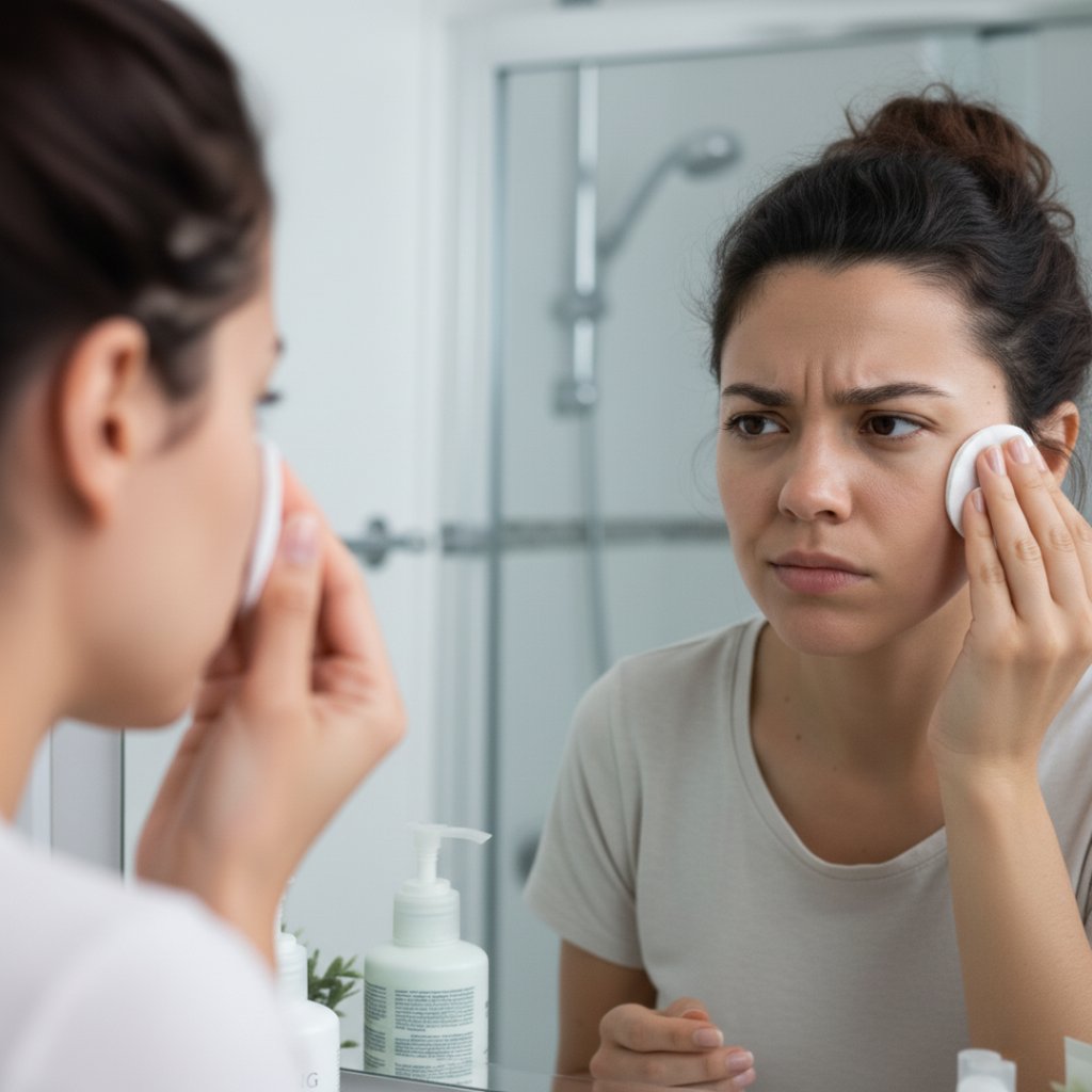 a woman in a white shirt is looking at her face in the mirror frustrated with her oily skin