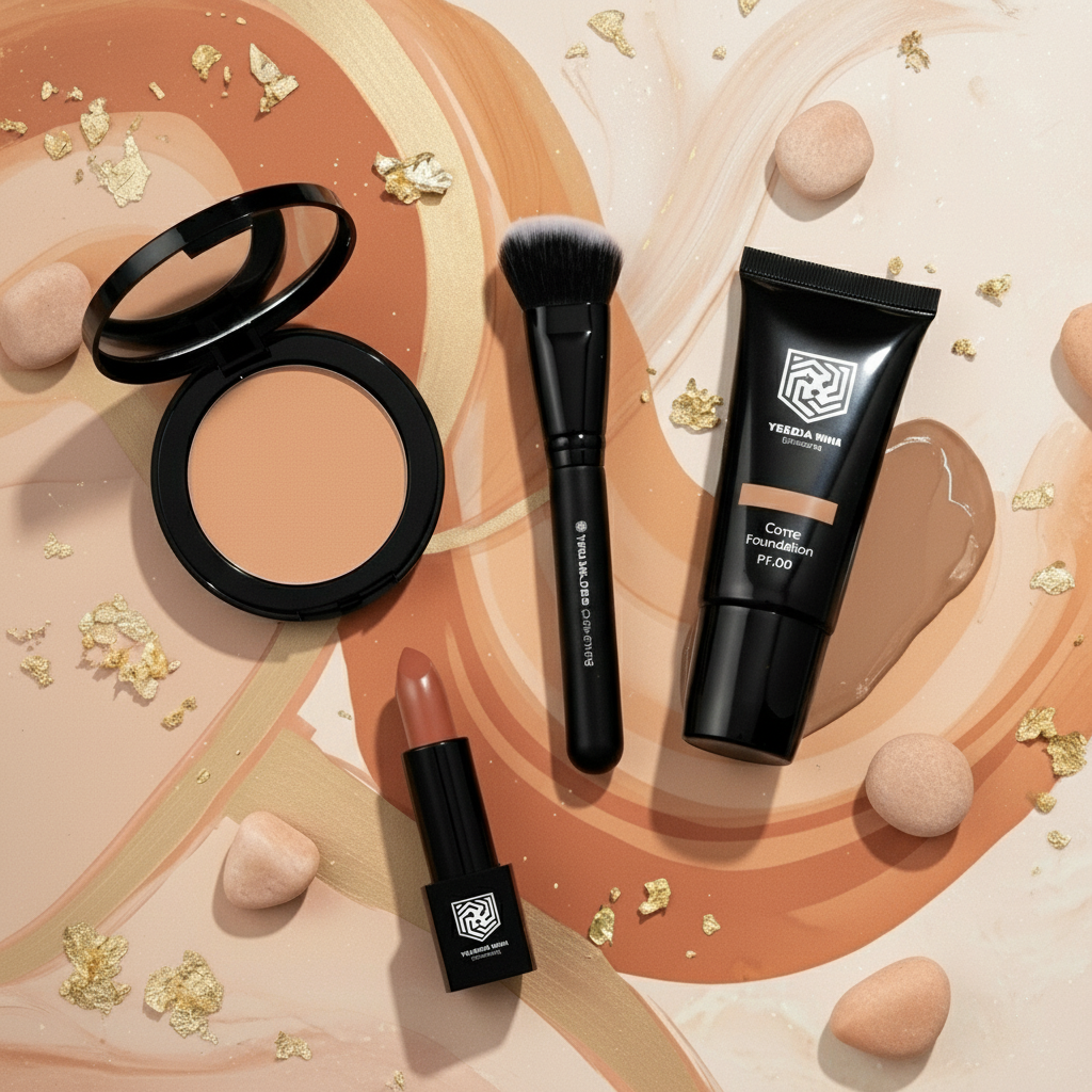 Overhead shot of YESHUA Skin Cosmetics foundation tube, powder compact, lipstick, and makeup brush,
