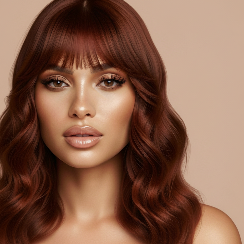 Close-up portrait of a woman with auburn red, wavy hair and bangs, showcasing a soft-focus makeup lo